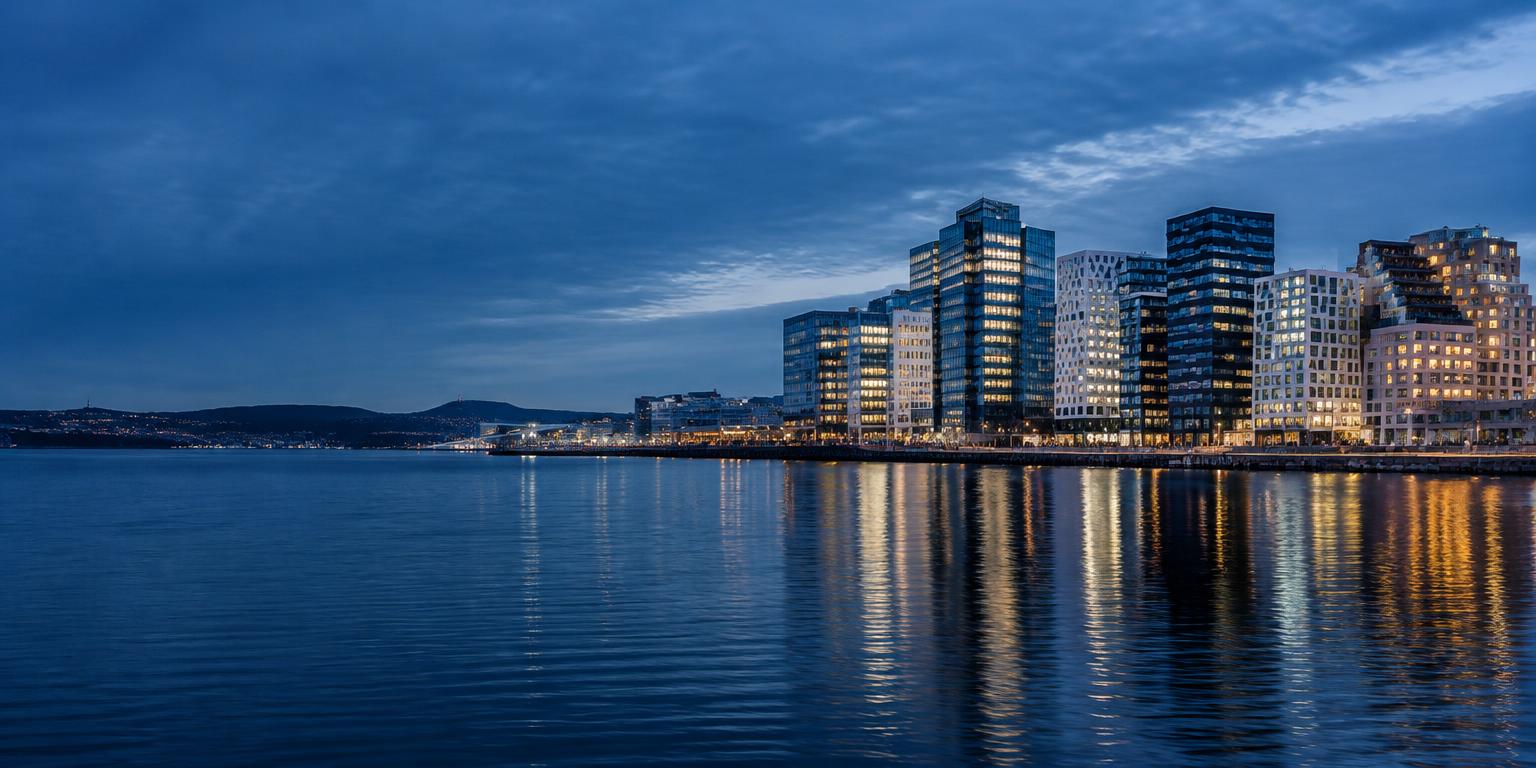 Oslo waterfront and financial district at blue hour